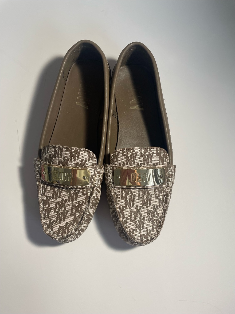 DKNY Tan & Cream Signature Logo Loafers with Gold Accent